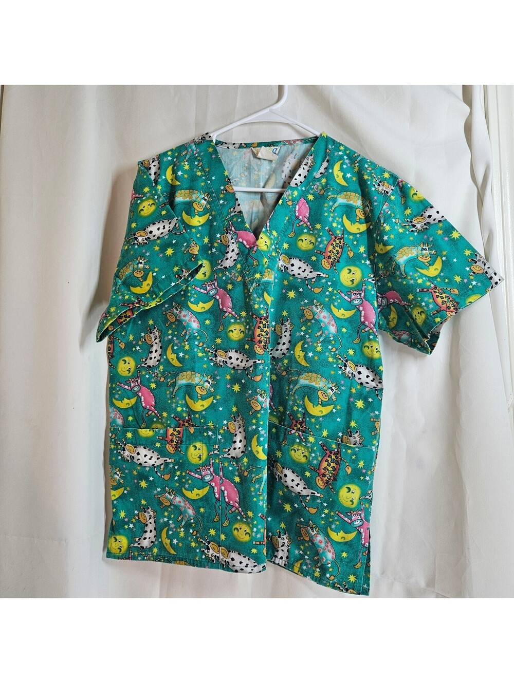EXPO Large Size Women's Scrub Top with Colorful Cartoon Cow and Moon Print, 35%/